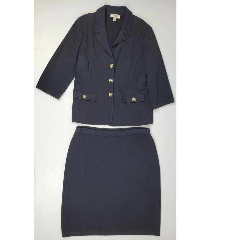 St. John Collection 16 Black Wool Blend Flower Pearl Buttons 2pc Skirt Jacket